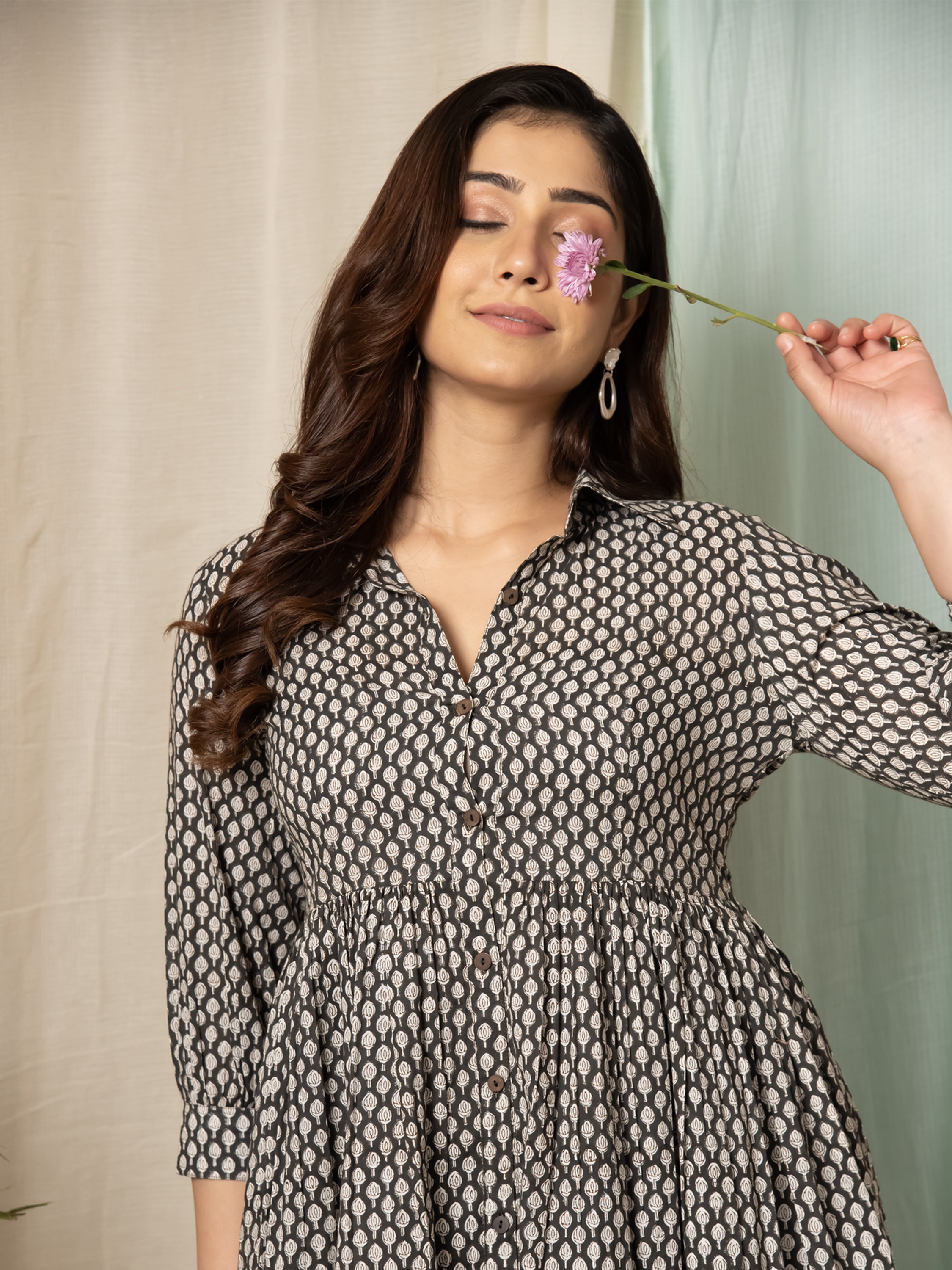 MULMUL TINY MOTIFS BLOCK PRINTED SHIRT DRESS