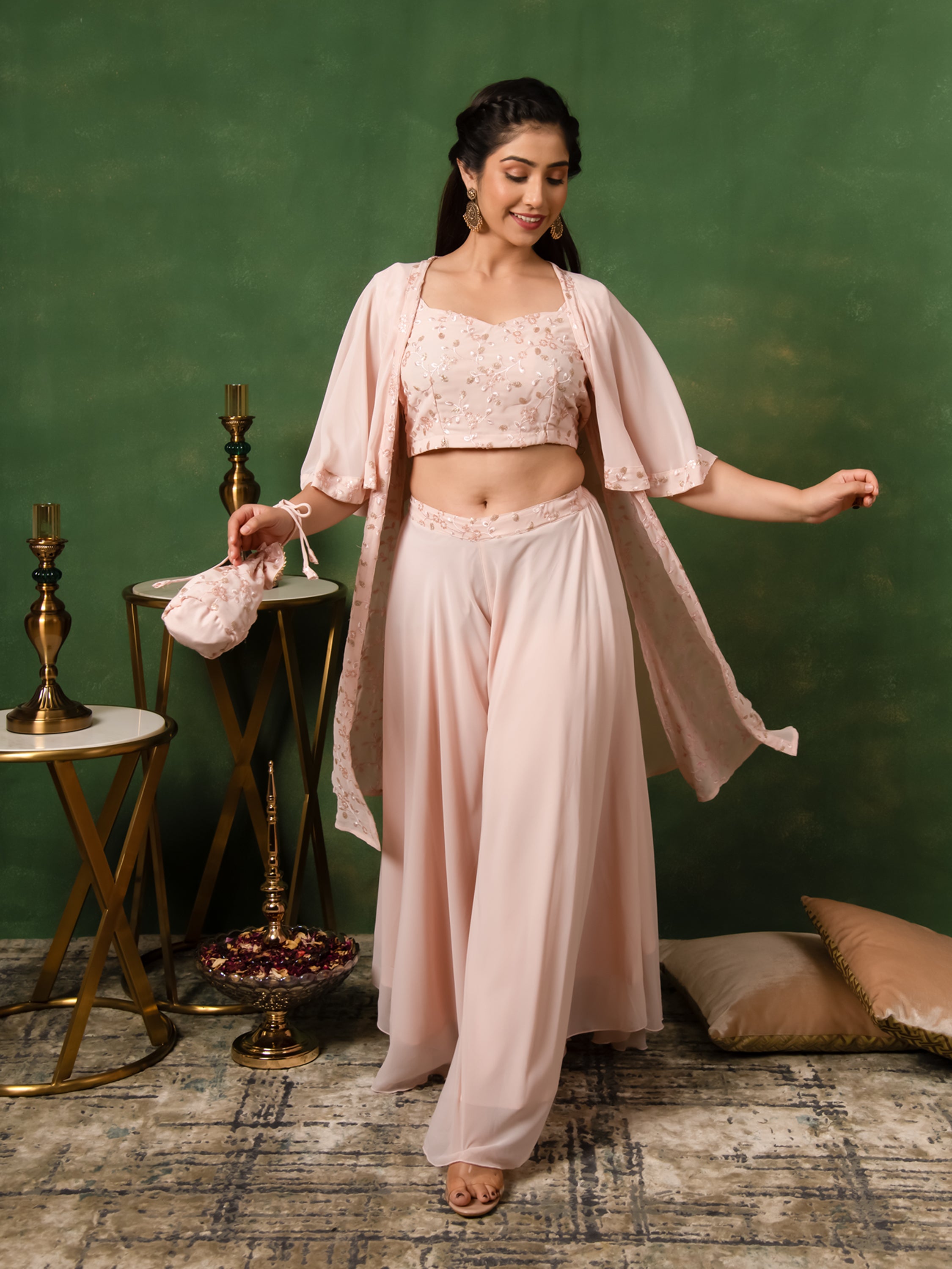 MULMUL BLUSH PINK SEQUIN EMBROIDERED CO-ORD SET