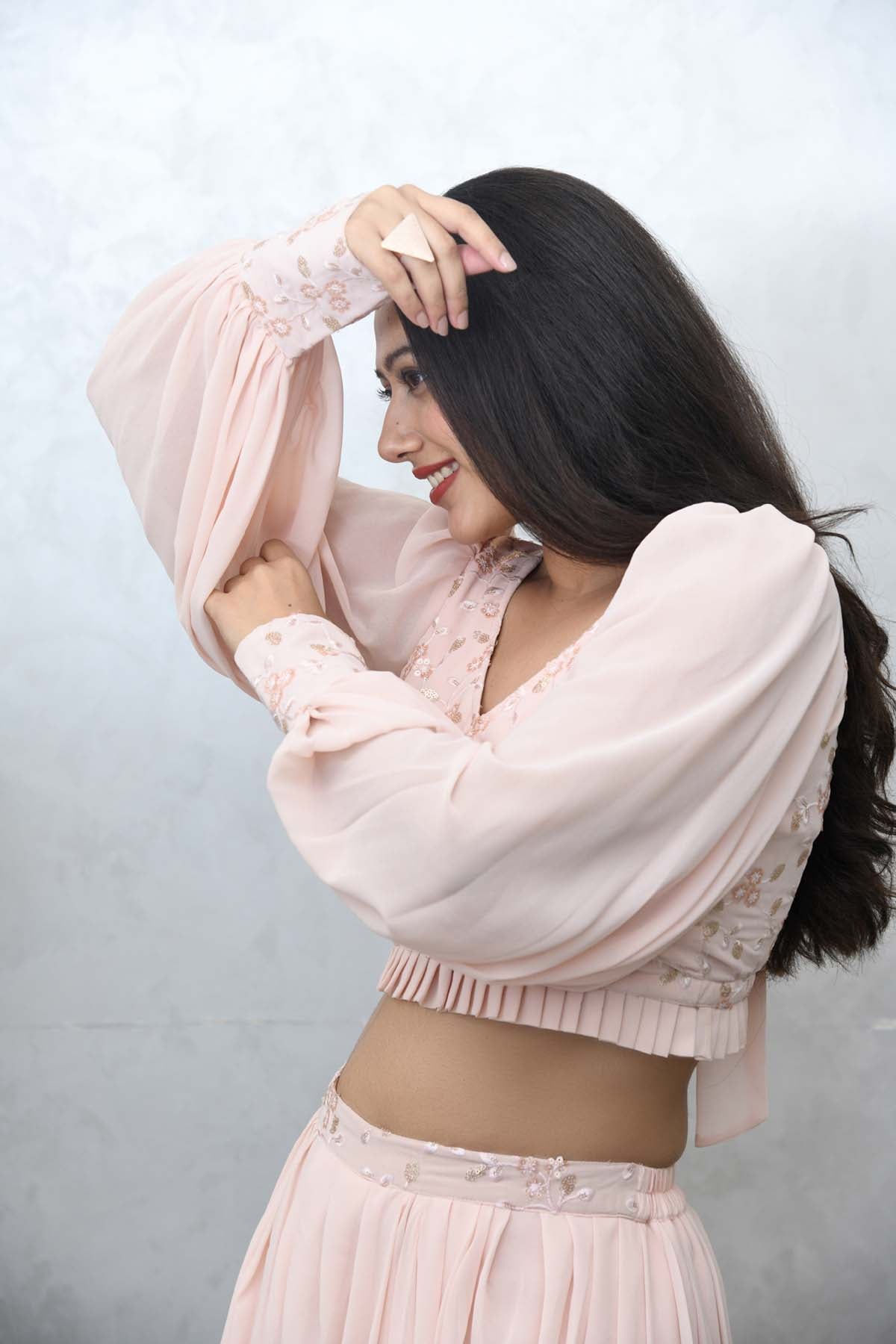 BLUSH PINK CROP TOP WITH COWL PANTS