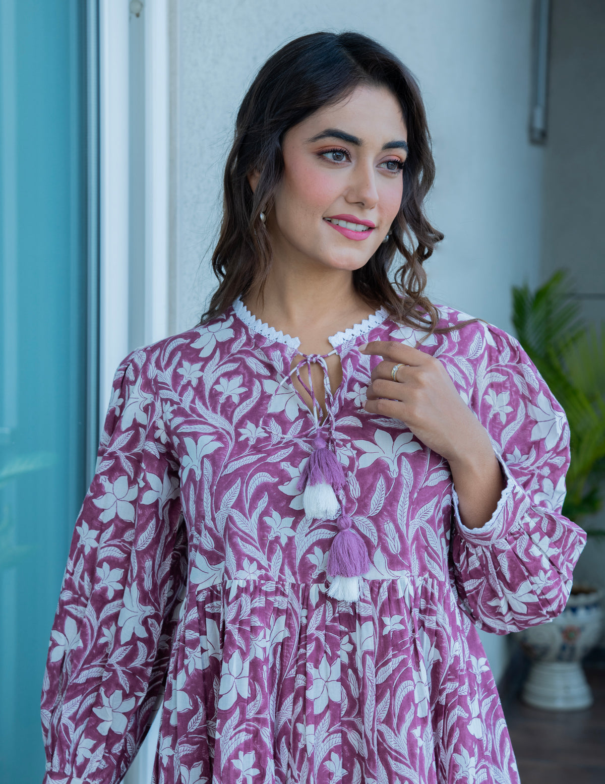 MULMUL PURPLE FLORAL JAAL BLOCK PRINTED DRESS