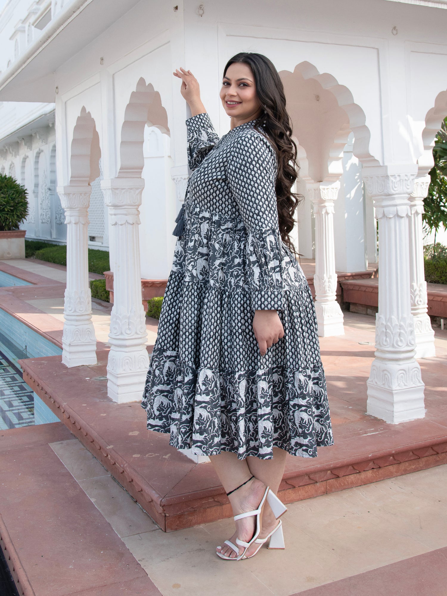 MULMUL NOCTURNAL HARMONY BLOCK PRINTED TIERED DRESS
