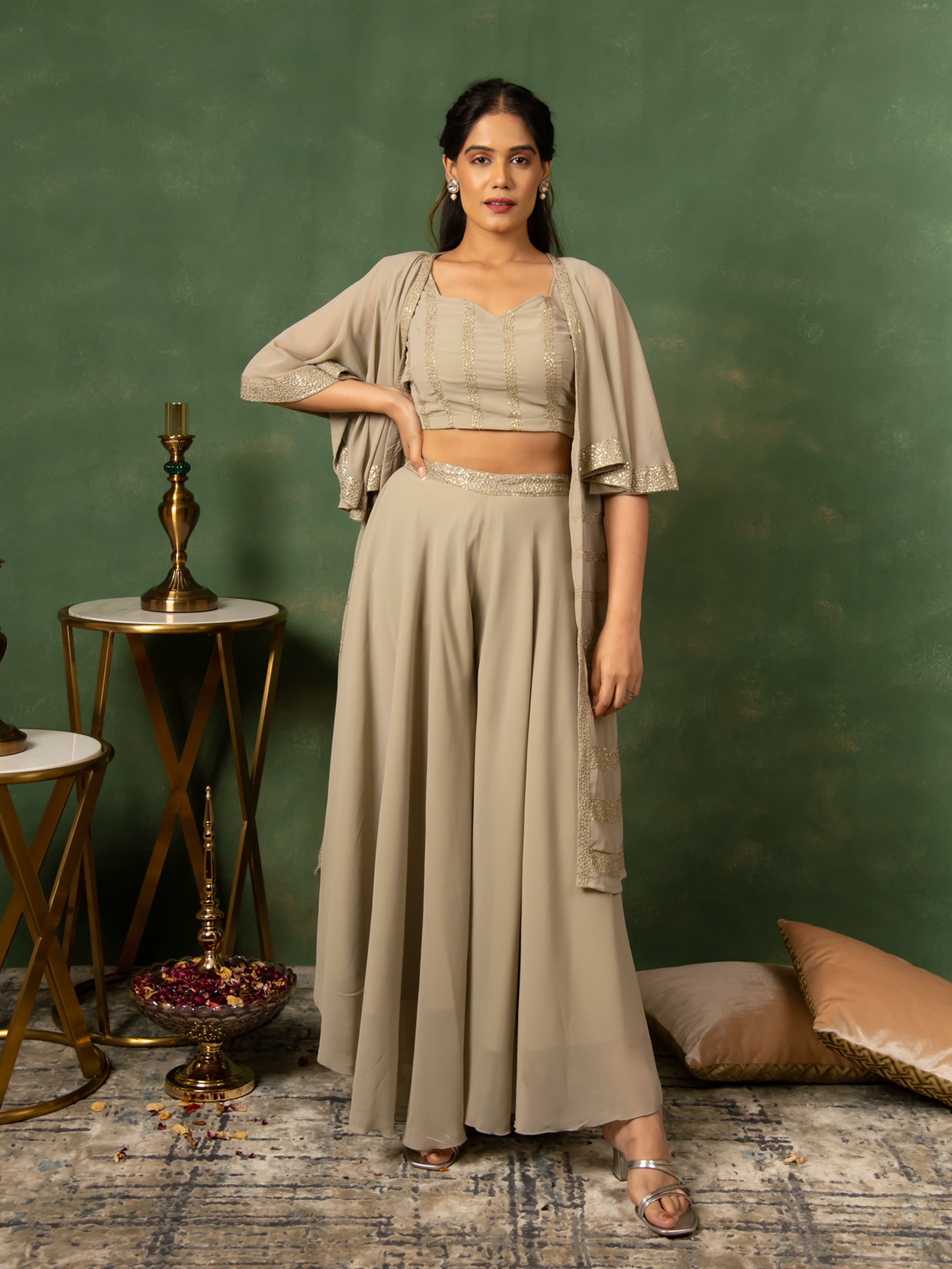 MULMUL SAGE GREY SEQUIN EMBROIDERED CO-ORD SET