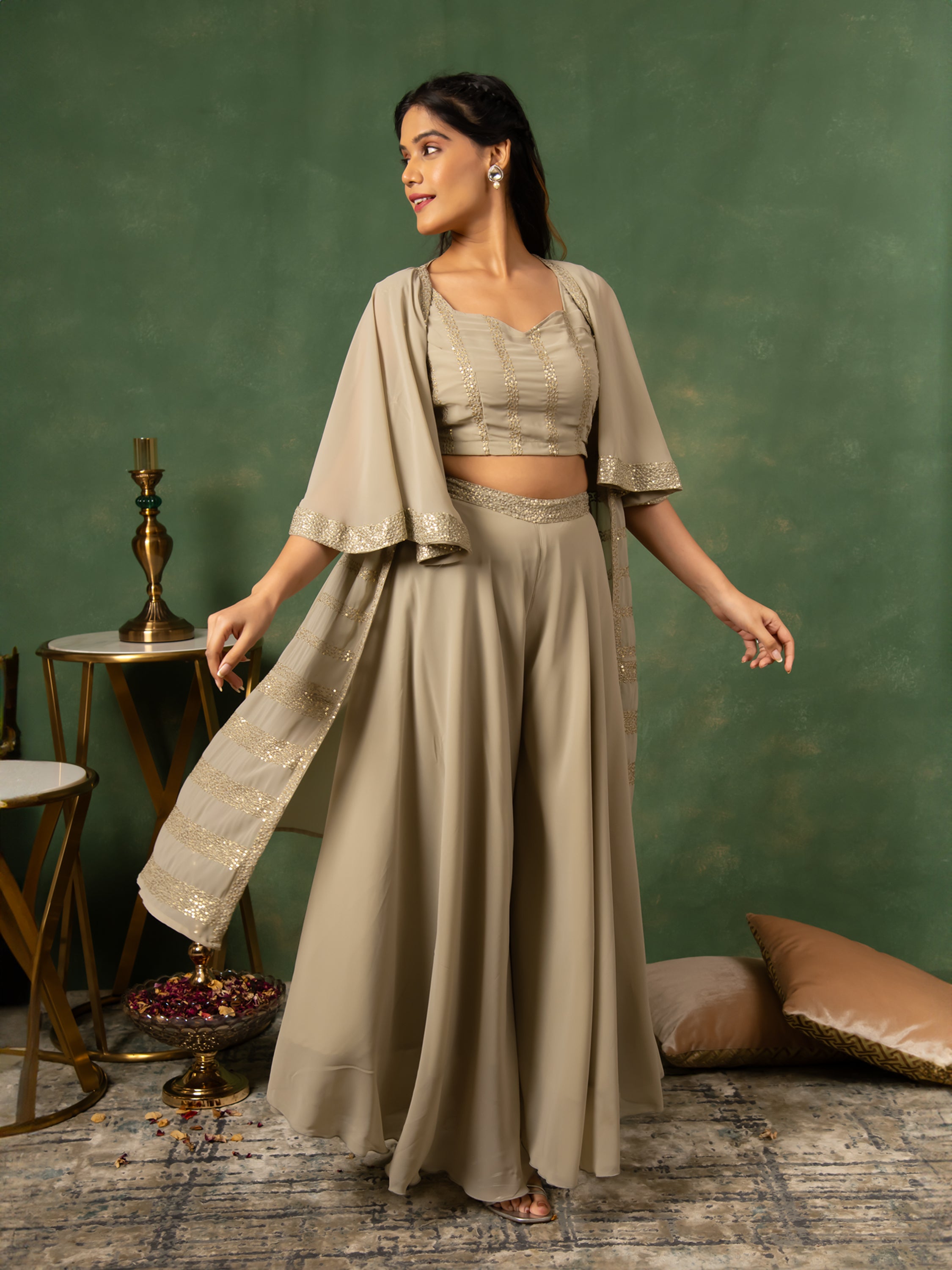 MULMUL SAGE GREY SEQUIN EMBROIDERED CO-ORD SET
