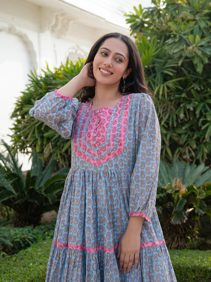 MULMUL AHILA KOTA DORIA BLOCK PRINTED MAXI DRESS
