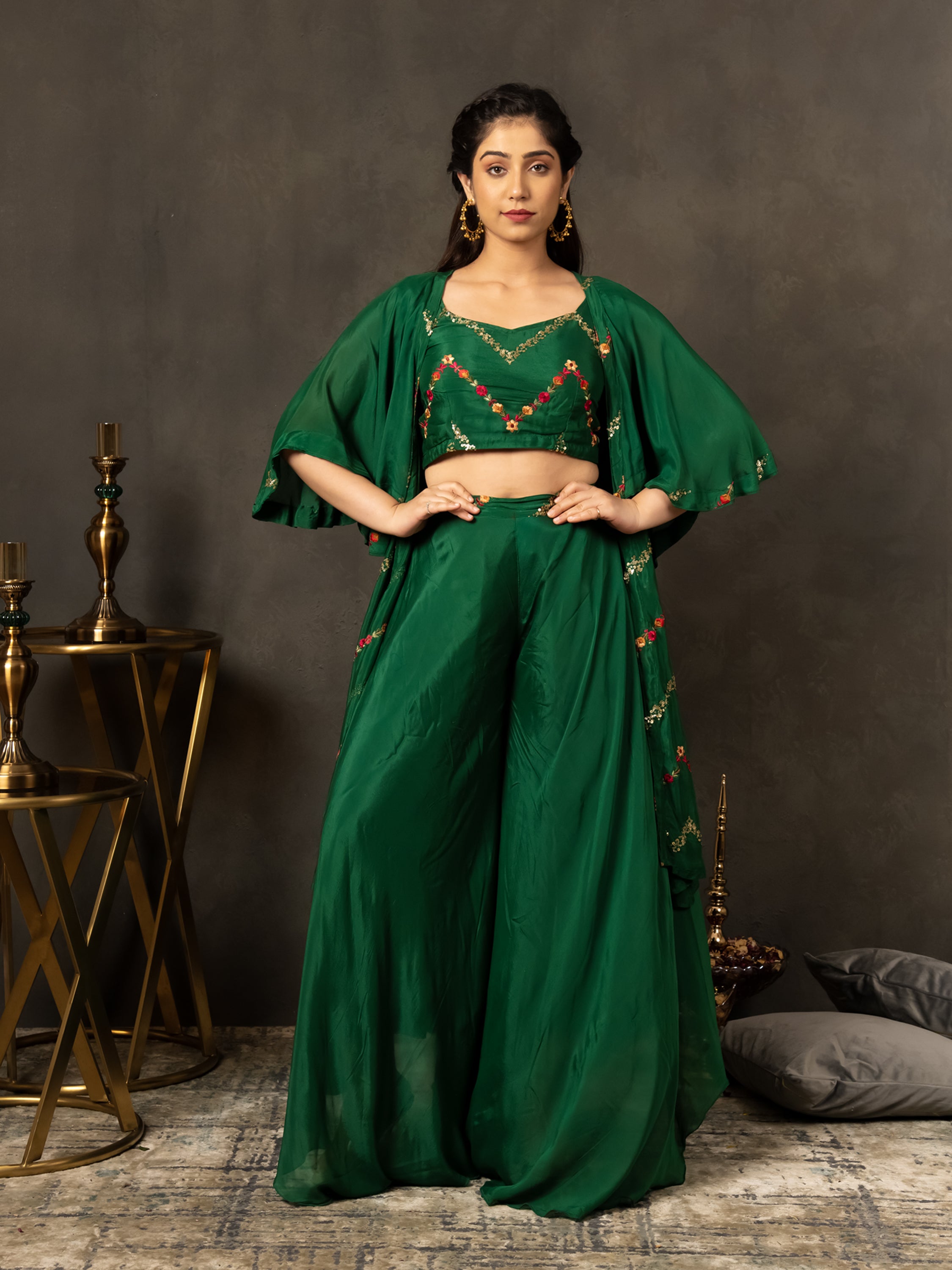 MULMUL BOTTLE GREEN SEQUIN EMBROIDERED CO-ORD SET