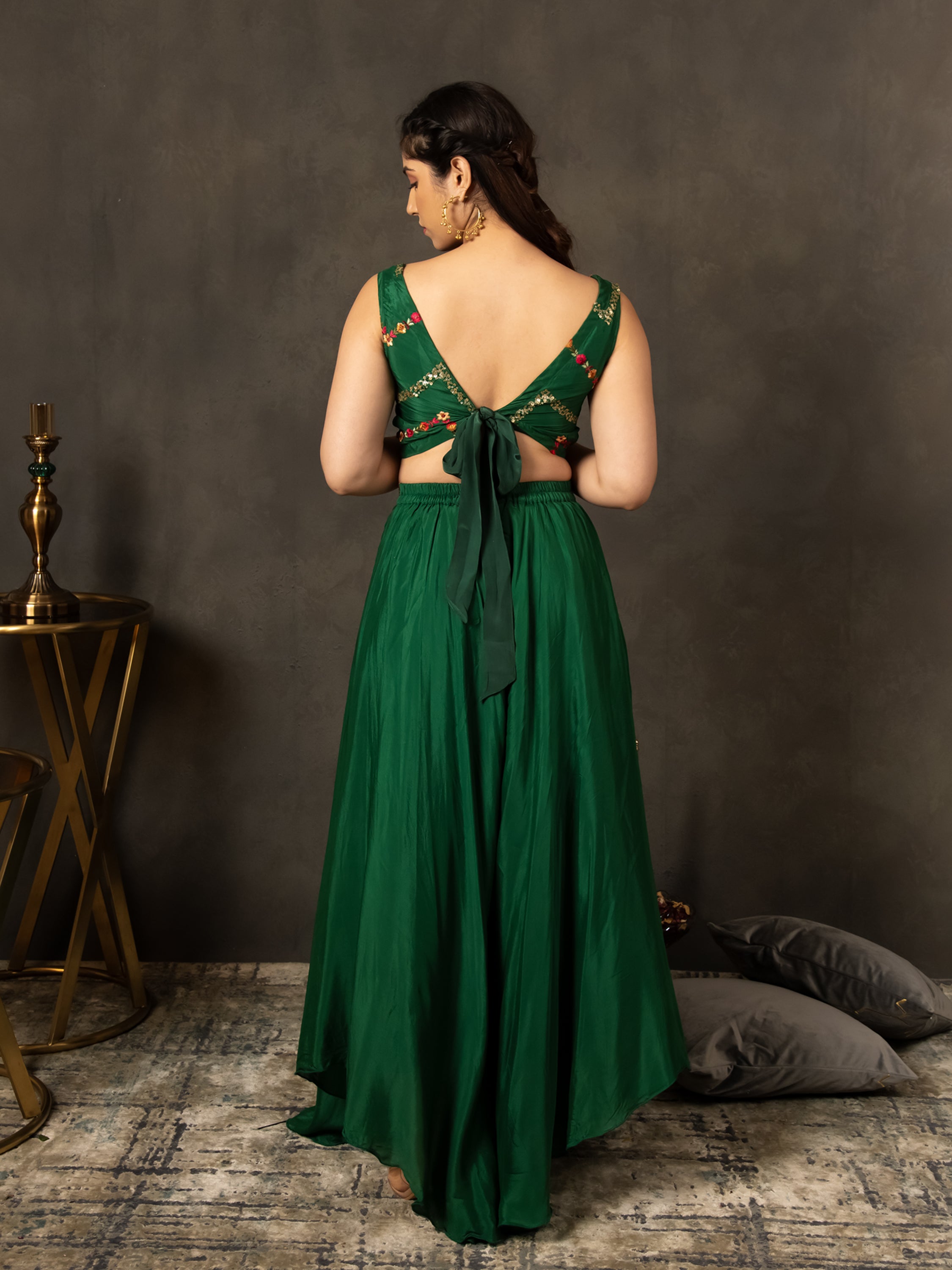 MULMUL BOTTLE GREEN SEQUIN EMBROIDERED CO-ORD SET