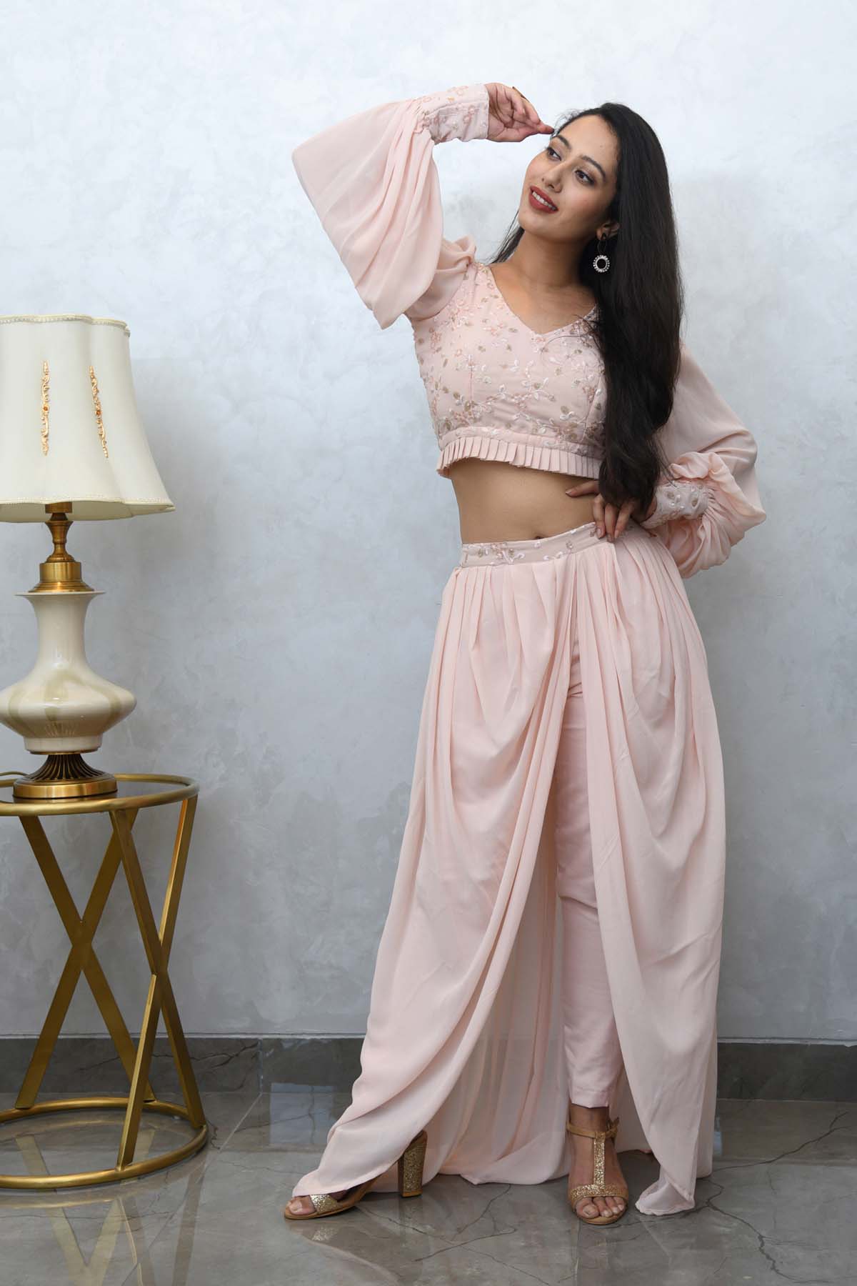 BLUSH PINK CROP TOP WITH COWL PANTS